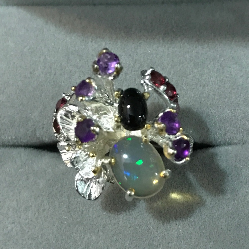 100% Natural Ethiopian Opal and Gems 925/1000 Sterling Silver Ring Sz 7.25